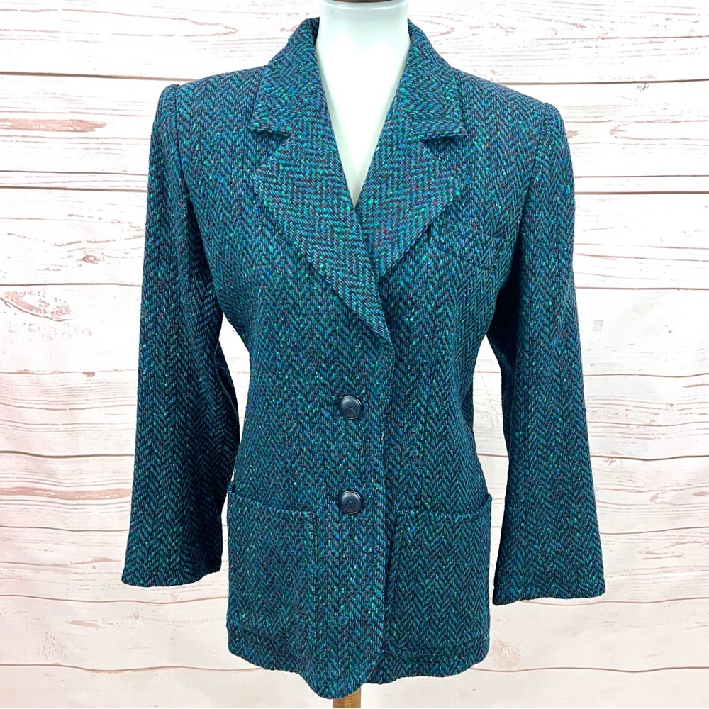 Vintage 80s 90s Saint Laurent Rive Gauche Teal Confetti Tweed Herringbone Blazer
